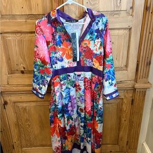 Dalia macphee Multicolor Floral V-Neck Dress with Purple Trim